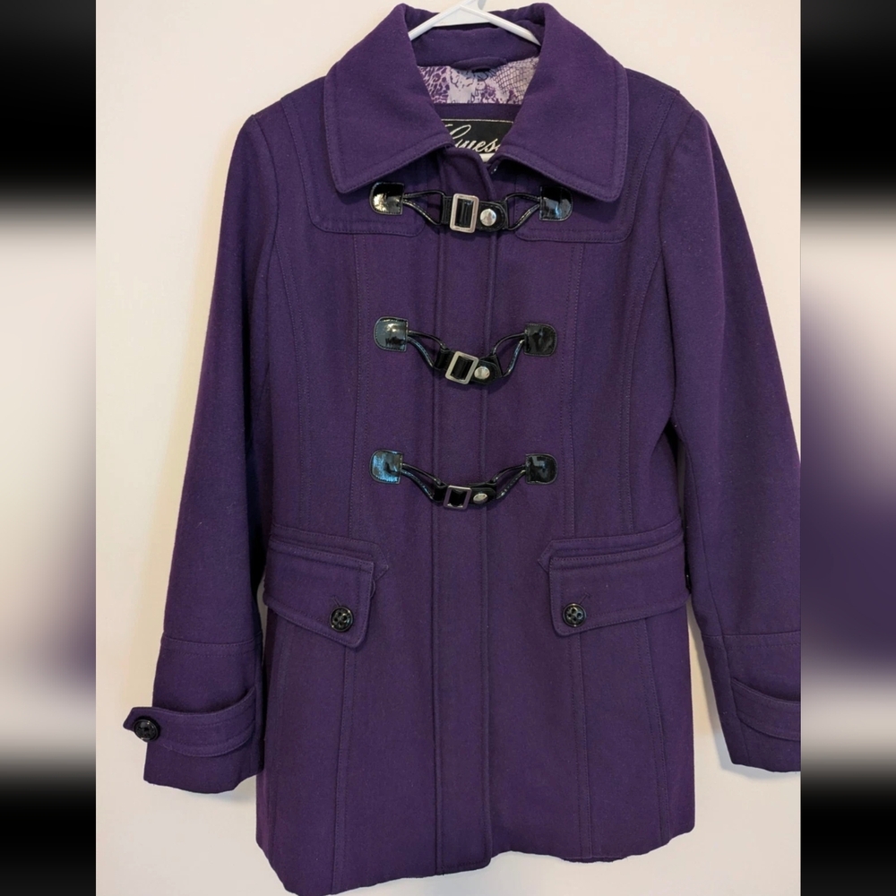 GUESS Purple Wool Blend Toggle Coat Size Small